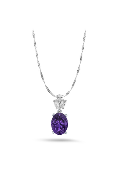 Silveranka 925 Ayar Gümüş Ametist Oval Elmas Kesim Kolye