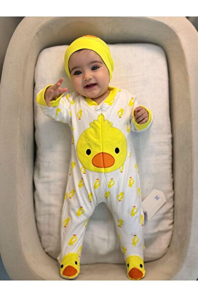 Minizade Civciv Desenli Ayaklı Şapkalı Unısex Mevsimlik Tulum