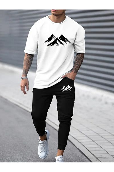 DAXİS Sportwear Company Men's Printed Tracksuit Set - T-Shirt Tracksuit Bottom Top Set