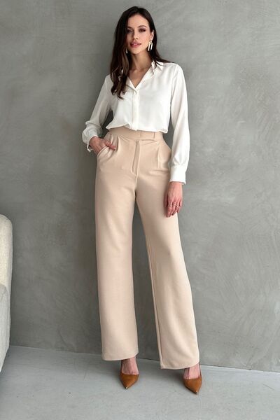 modavingo Γυναικείο υφασμάτινο παντελόνι Palazzo με κρέμα ψηλόμεσο ελαστικό Velcro