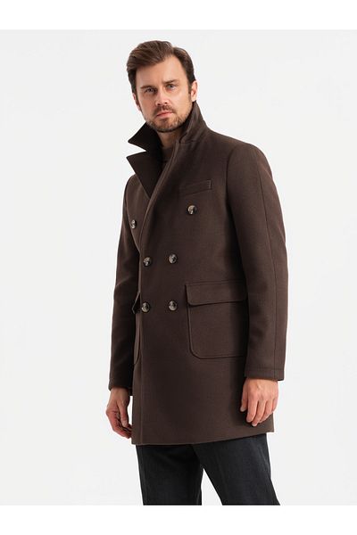 OMBRE Pánský dvouřadý kabát s ozdobnými knoflíky - tmavě hnědý V3 OM-COWC-0109 XXL