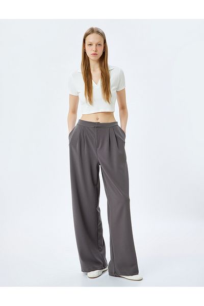 Koton High Waist Pleated Comfortable Fit Wide Leg Pants
