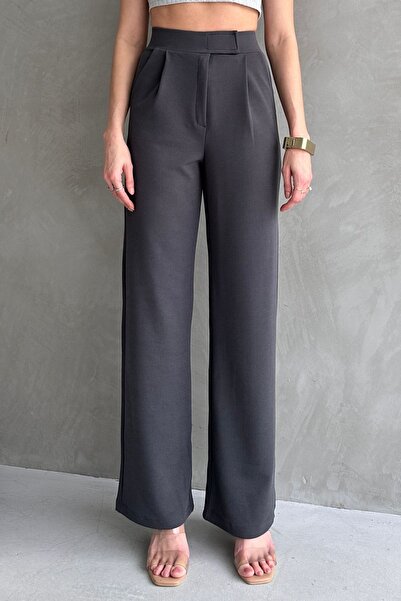 modavingo Kadın Antrasit Yüksek Bel Beli Lastikli Cırtlı Palazzo  Kumaş Pantolon