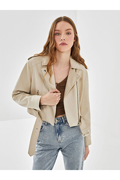 LC Waikiki Beige Biker Collar Women's Leather Look Jacket