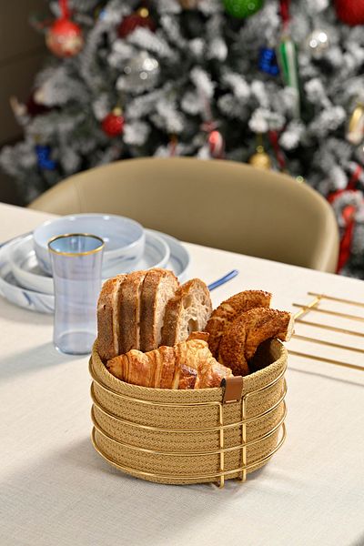 Edora Home Stylish Gold Round Bread Basket - Coffee Color, Wicker Knitted, Macrame-Stainless, Multi-Purpose Metal
