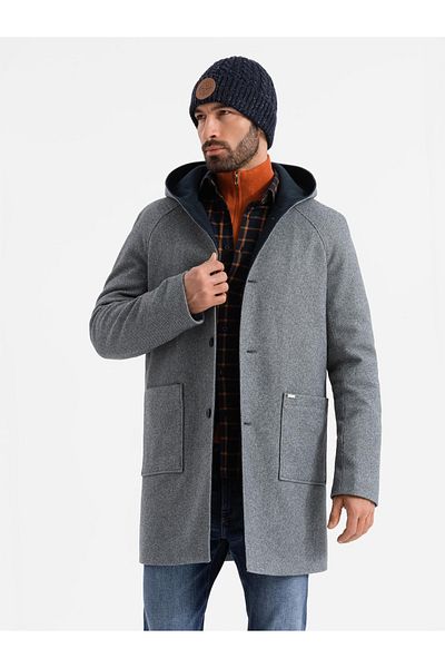 OMBRE Pánský melanžový dlouhý kabát s kapucí - šedý V1 OM-COWC-0122 XL