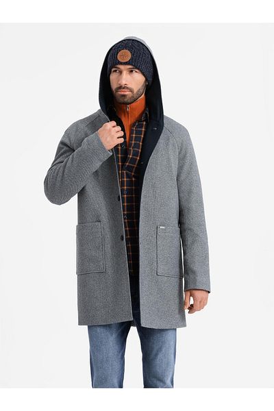 OMBRE Pánský melanžový dlouhý kabát s kapucí - šedý V1 OM-COWC-0122 XL