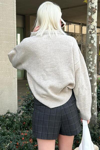 Madmext Bej Düğmeli Polo Yaka Kadın Kazak Mg2307