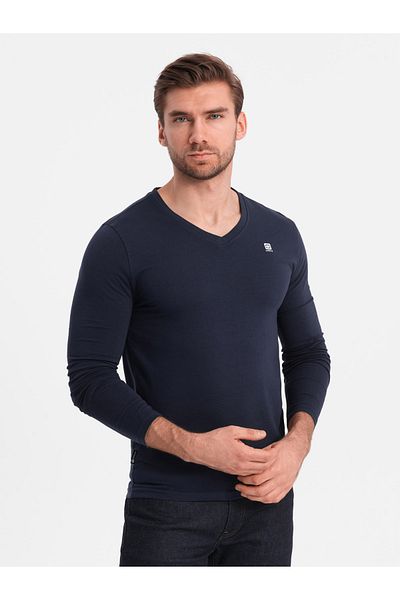 OMBRE Pánský typický elastanový dlouhý rukáv s výstřihem do V - tmavě modrá V2 OM-LSCL-0110 XL