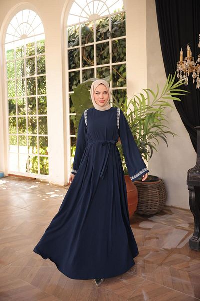 Nissra Ankanoor Navy Blue Abaya με κέντημα με μανίκια Medine Silk φόρεμα Anka255060
