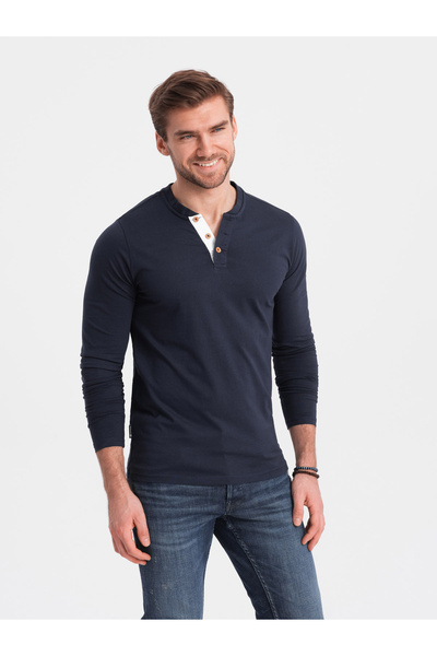 OMBRE Pánský dlouhý rukáv s knoflíky u výstřihu - tmavě modrá V3 OM-LSCL-0107 M