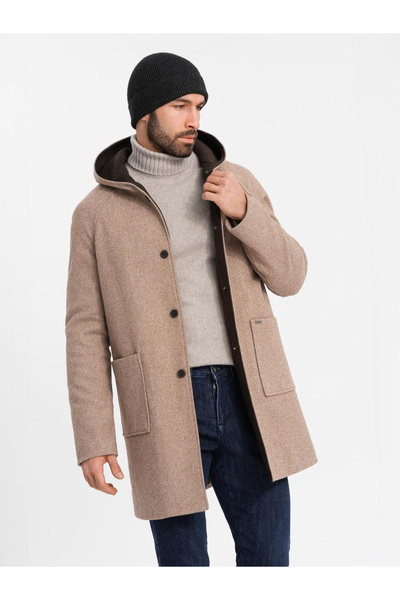 OMBRE Μελανζέ μακρύ ανδρικό παλτό με κουκούλα - μπεζ V2 OM-COWC-0122 M