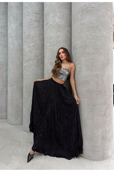 jennyfer garment İTHAL SATEN KUMAŞ PLİSELİ ETEK