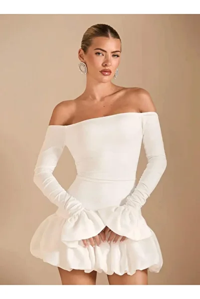 MEGOMEL Women's Strapless Balloon Sleeve Detail Flare Designer Dress