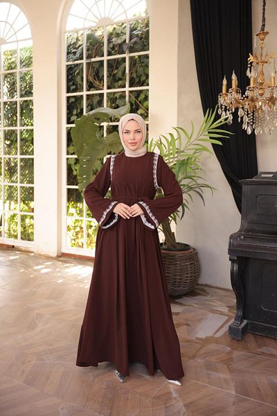 Nissra Ankanoor Bitter Brown Abaya Φόρεμα με μανίκια Κεντημένο Medina Silk Anka 255060
