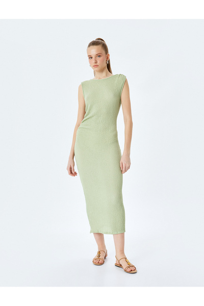 Koton Crew Neck Sleeveless Slim Fit Textured Draped Long Dress Wrap