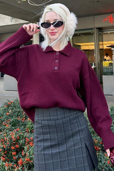 Madmext Pulover de damă cu guler polo cu nasturi burgundy Mg2307