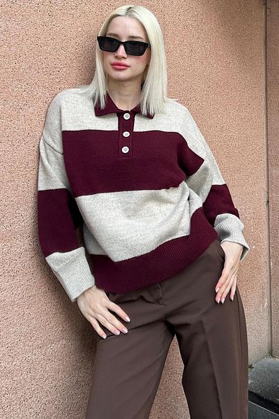 Madmext Pulover de damă cu dungi cu guler polo cu nasturi burgundy Mg2286