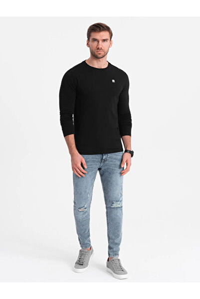 OMBRE Επώνυμο ανδρικό μακρυμάνικο ελαστάν με στρογγυλή λαιμόκοψη - μαύρο V3 OM-LSCL-0102 S