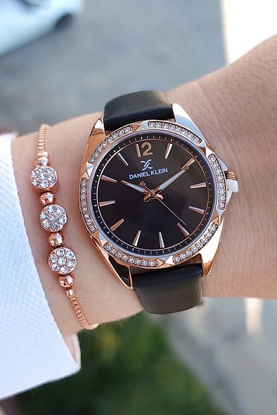 Daniel Klein Cut Glass Rose/Black Steel Bracelet Women's Wristwatch