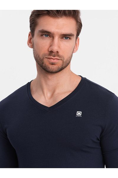 OMBRE Pánský typický elastanový dlouhý rukáv s výstřihem do V - tmavě modrá V2 OM-LSCL-0110 XL