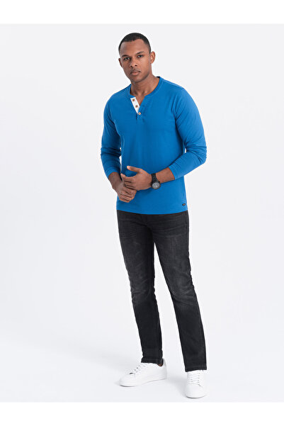 OMBRE Mânecă lungă pentru bărbați cu nasturi la decolteu - albastru V2 OM-LSCL-0107 XL