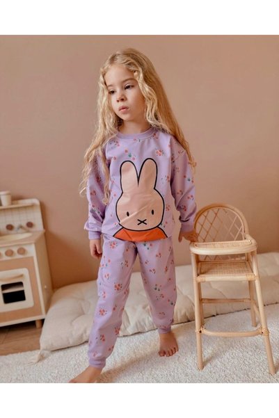 shop Girl's Purple Rabbit Printed Elastic Waist Unlined Cotton Fabric Top and Bottom Set