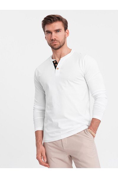 OMBRE Pánský dlouhý rukáv s knoflíky u výstřihu - bílý V10 OM-LSCL-0107 XL