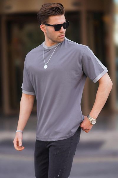 Madmext Ανδρικό oversize καπνιστό μπλουζάκι Basic - Stripe Detailed 7023
