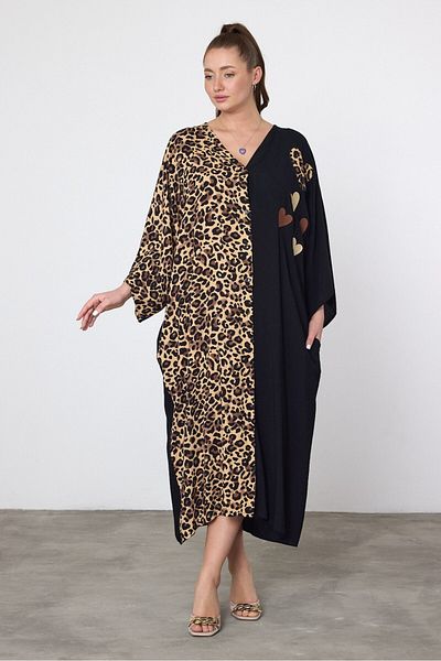 AYASOFYA OTANTIK Rochie cămașă lejeră supradimensionată pentru femei, cu broderie cu inimă neagră, cu model leopard