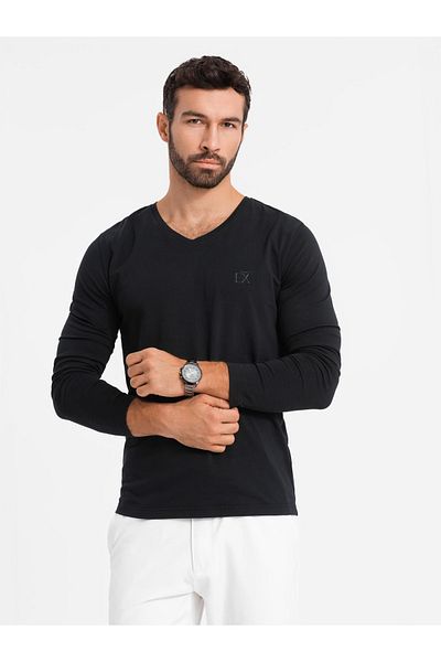 OMBRE pánský nákrčník SLIM FIT s výstřihem do V s elastanem a potiskem - černý V1 OM-LSBC-0123 M