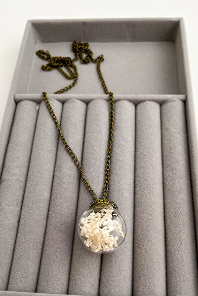Modex Glass Bell Jar - White Dried Flower Patterned Necklace