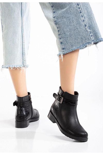 MarjinalTrendim Black Croco Buckle Accessory Zippered Casual Women's Boots