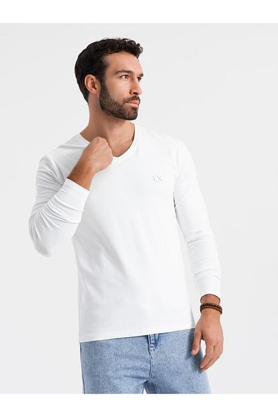 OMBRE Pánský dlouhý rukáv SLIM FIT s výstřihem do V s elastanem a potiskem - bílá V2 OM-LSBC-0123 S