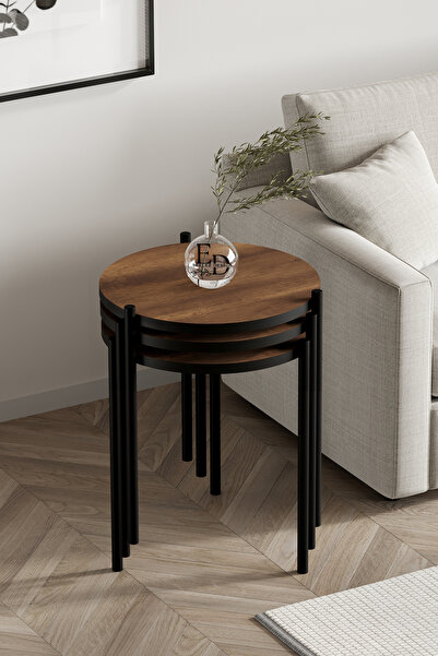 ED Efelez Design Zigon Sehpa , Nice 3'lü Zigon Sehpa Takımı , Siyah Metal - Barok Tabla