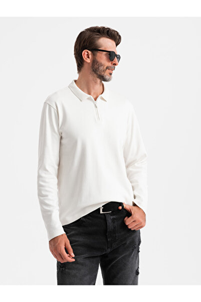 OMBRE Ανδρικό μακρυμάνικο πόλο με γιακά με φερμουάρ - λευκό V1 OM-POLS-0130 M