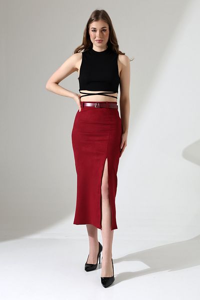 winmoda Fusta din piele intoarsa rosie Claret Lungime Maxi 92 Cm - Fusta din piele intoarsa cu fanta in fata