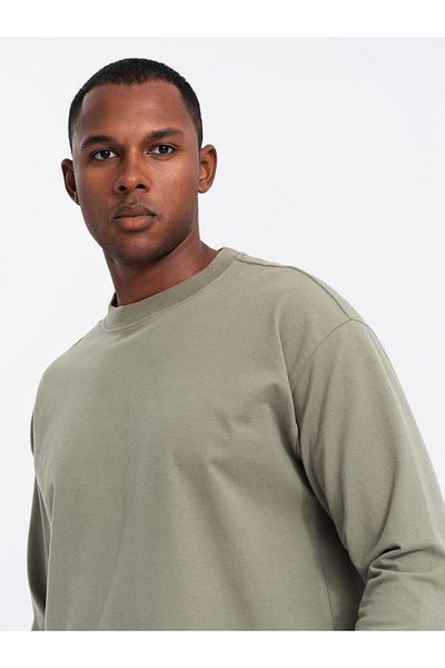 OMBRE Pánské bavlněné dlouhé rukávy LOOSE FIT s kulatým výstřihem - khaki V4 OM-LSBC-0129 XL