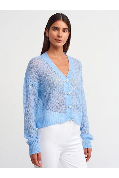 Dilvin 60223 Cardigan din tricot cu nasturi ajurat cu decolteu în V