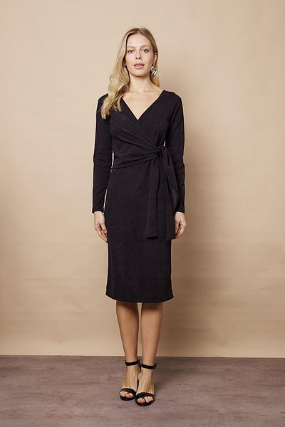 Jument Women's Velvet Fabric Double Breasted Wrapped Lace up Long Sleeve Tea Length Dress-Black