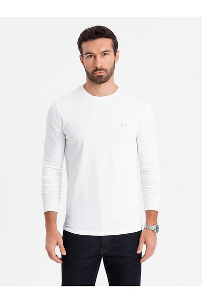 OMBRE Pánský SLIM FIT dlouhý rukáv s elastanem a potiskem - bílý V2 OM-LSBC-0124 L