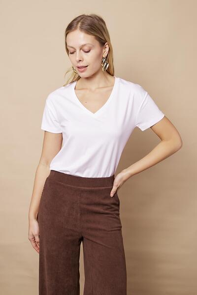 Jument Women's V Neck Short Sleeve Lycra Span Fabric Stylish T-Shirt Blouse-White