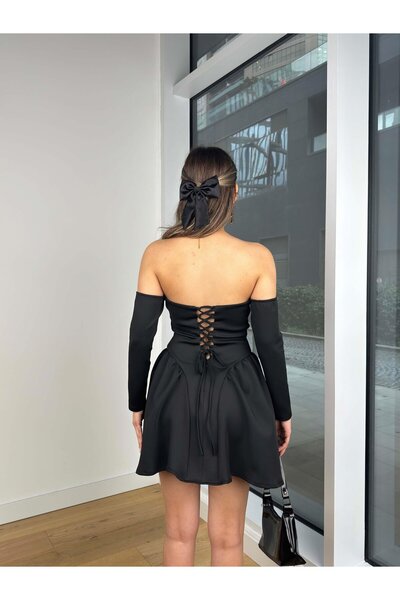 modaçelikler Kol Detaylı Straplez Görünümlü Göğüs Kısmı Büzgülü Korse Janison Siyah Kadın Mini Elbise 25K418