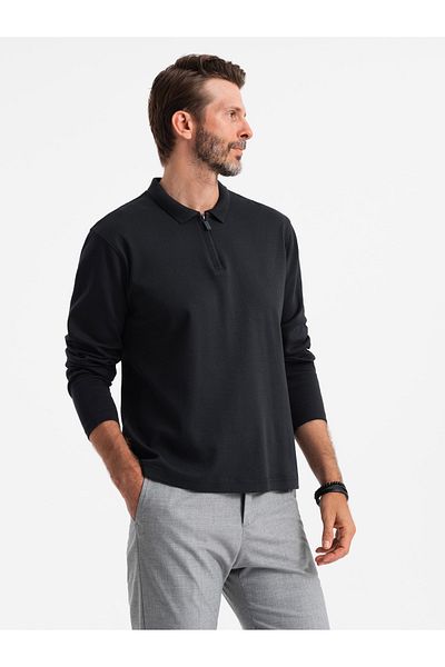 OMBRE Pánský polo límec s dlouhým rukávem na zip - černý V8 OM-POLS-0130 M