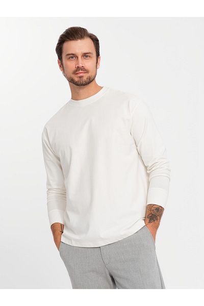 OMBRE Pánský bavlněný LOOSE FIT dlouhý rukáv s kulatým výstřihem - krémový V2 OM-LSBC-0129 L