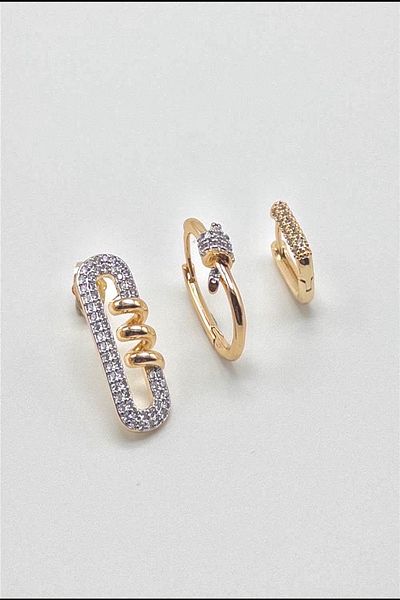 DEMOKAN Women's Earrings Imported Special Series 3-Piece Zircon Stone Bow Knot Ring Model Non-Tarnish Earrings