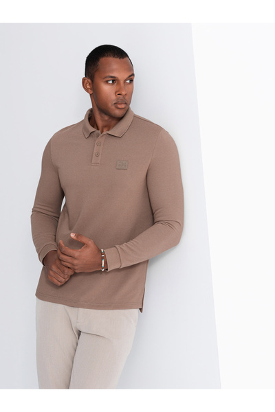 OMBRE Pánské strukturované polo s dlouhým rukávem s nášivkou - hnědá V4 OM-POLS-0131 L