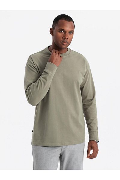 OMBRE Pánské bavlněné dlouhé rukávy LOOSE FIT s kulatým výstřihem - khaki V4 OM-LSBC-0129 XL