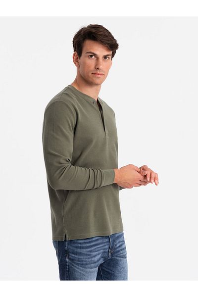 OMBRE Pánský vaflový úplet s dlouhým rukávem se zapínáním na knoflíky V1 OM-LSCL-0120 S