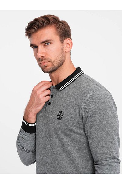OMBRE Pánské melanžové polo s dlouhým rukávem s výšivkou - černá melanž V1 OM-POLS-0129 XL